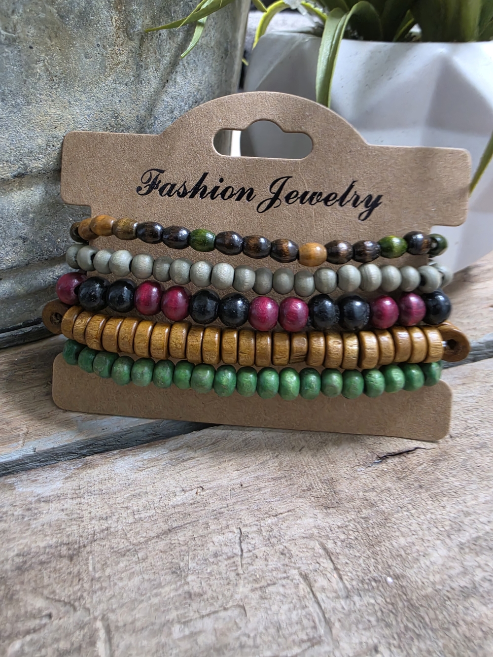 Boho Wood Bead Bracelet Set 5 Pc Multi Color Stackable Stretch Bracelets Green